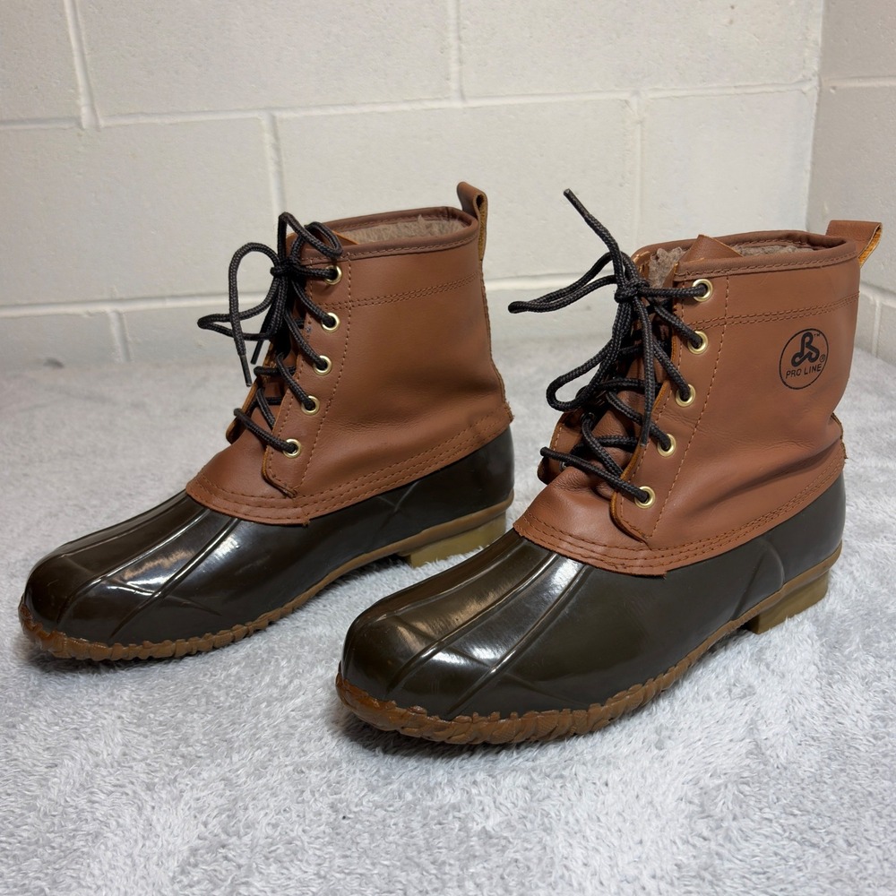 Pro Line Duck Boots Mens Size 11 Brown Leather Rubber Faux Fur Lined Steel Shank